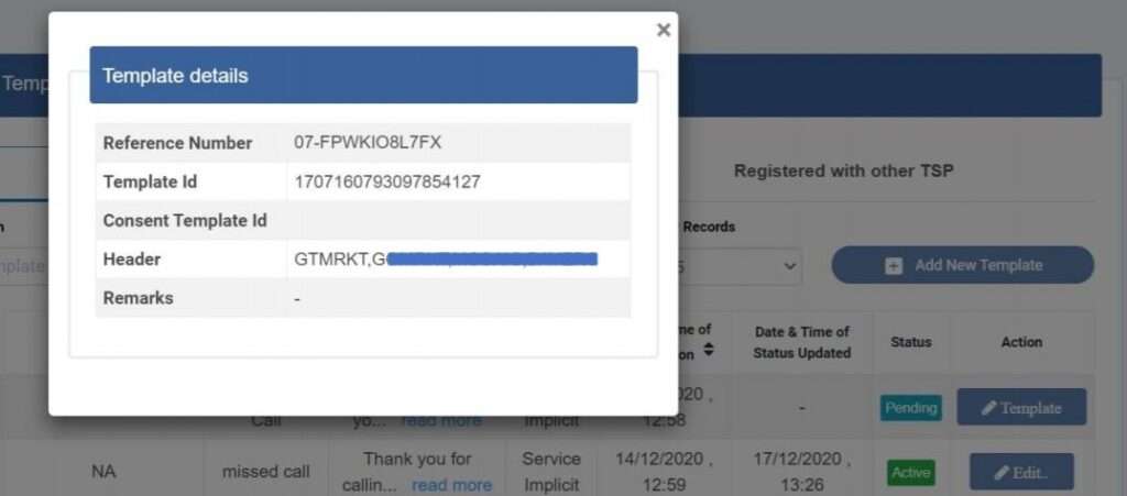 SMS Template registration process on DLT registered telecom operators platform.